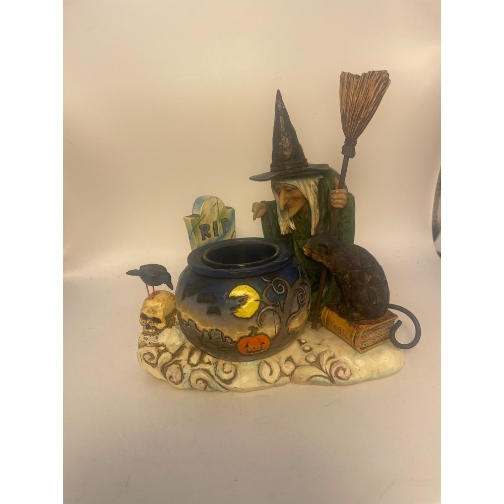2007 Jim Shore Halloween Witch Cauldren Spooky Cat Tealight Candle Holder w/Tag